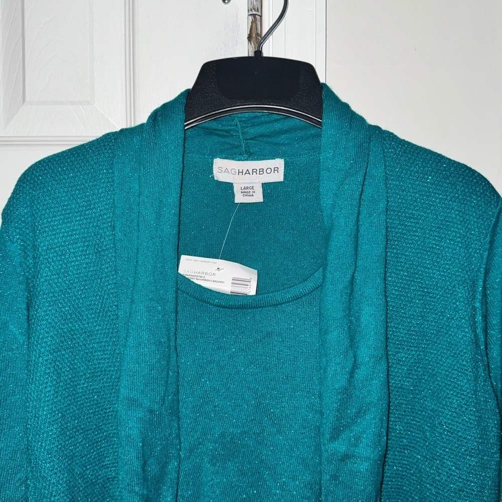 Sag Harbor Women's L Aquamar Teal Metallic Cardigan Top Rhinestone Accent NWT - Picture 5 of 16